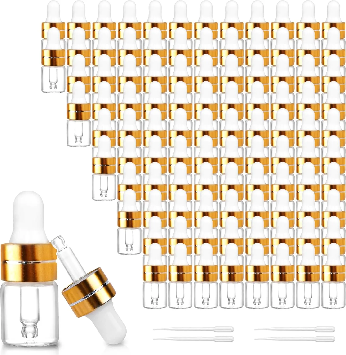 100 Pack 2ml Clear Glass Dropper Bottles with 4 Pcs Plastic Droppers, Mini Sample Dropper Bottles for Essential Oils Perfume Cosmetic Liquid, Empty Travel Sample Vials with Gold Cap