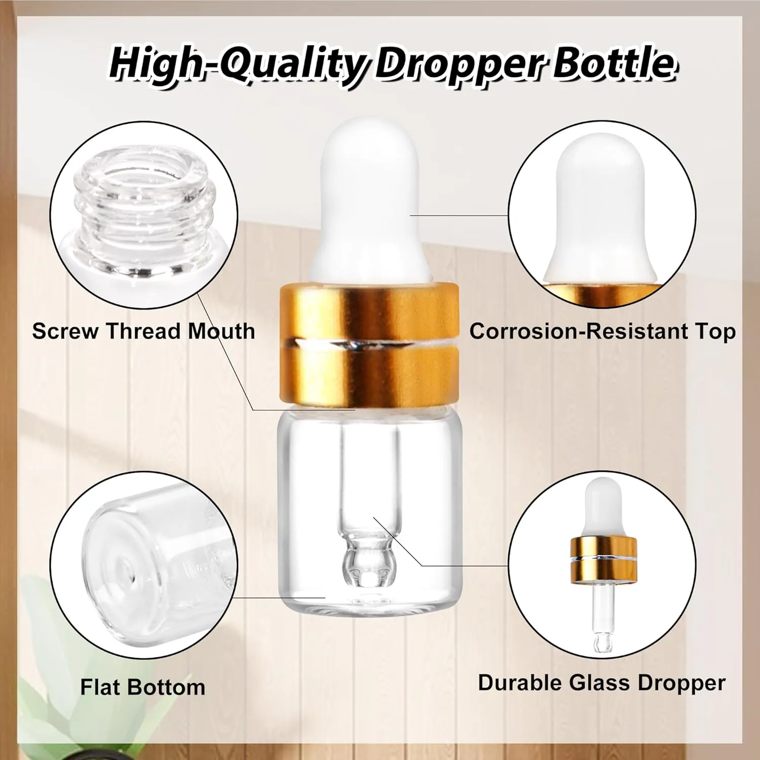 100 Pack 2ml Clear Glass Dropper Bottles with 4 Pcs Plastic Droppers, Mini Sample Dropper Bottles for Essential Oils Perfume Cosmetic Liquid, Empty Travel Sample Vials with Gold Cap