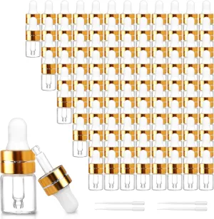 100 Pack 2ml Clear Glass Dropper Bottles with 4 Pcs Plastic Droppers, Mini Sample Dropper Bottles for Essential Oils Perfume Cosmetic Liquid, Empty Travel Sample Vials with Gold Cap