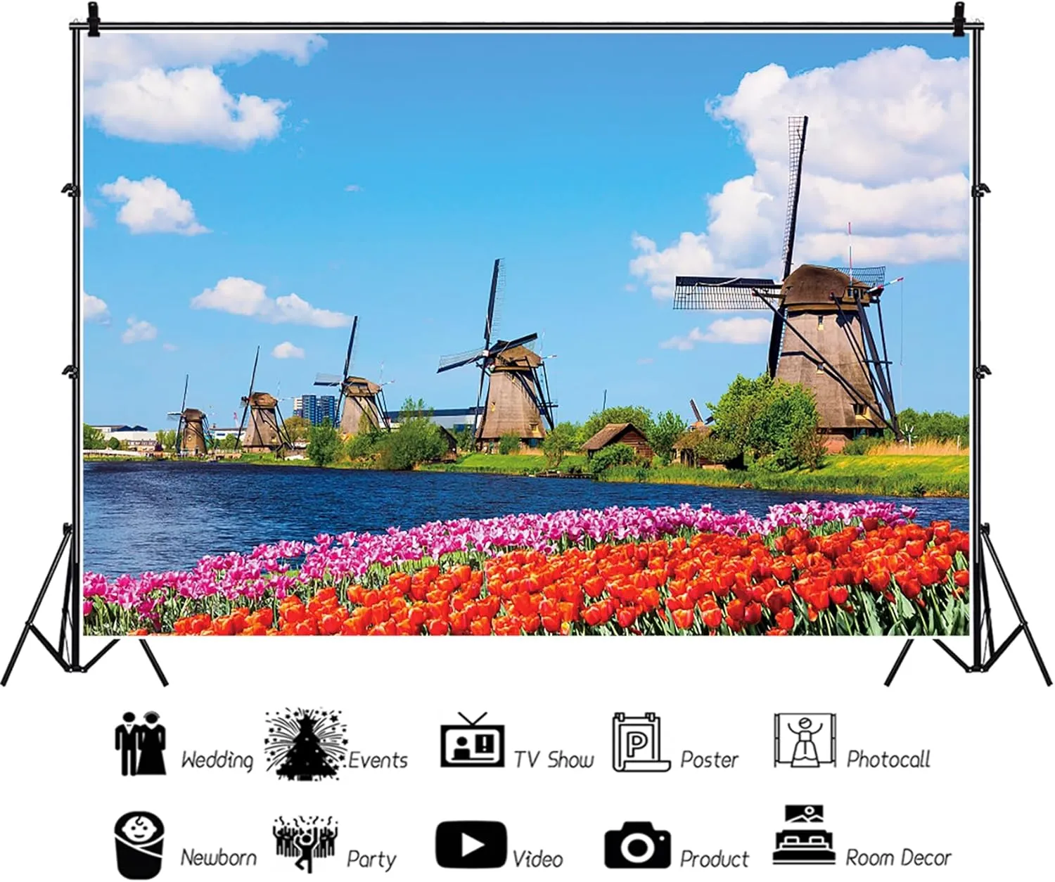 10x6.5ft Netherlands Colorful Spring Landscape Photo Backdrop Windmills Lakeside Tulips Flowers Blue Sky Tourist Attraction European Scenery Photography Background Photo Studio Props Wallpaper
