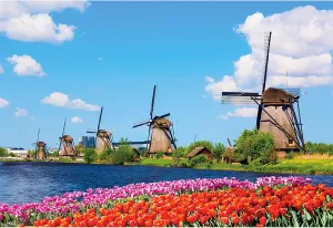 10x6.5ft Netherlands Colorful Spring Landscape Photo Backdrop Windmills Lakeside Tulips Flowers Blue Sky Tourist Attraction European Scenery Photography Background Photo Studio Props Wallpaper