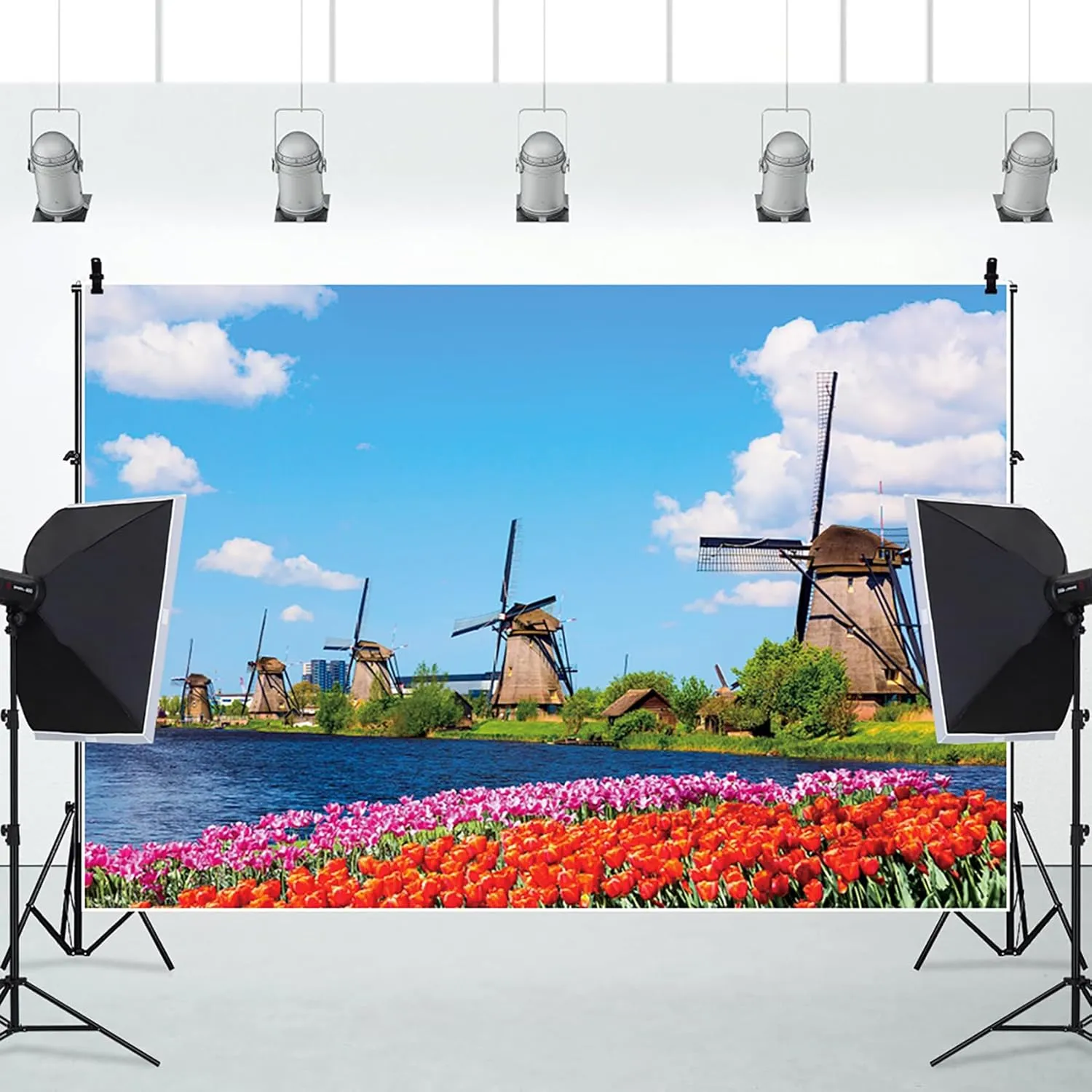 10x6.5ft Netherlands Colorful Spring Landscape Photo Backdrop Windmills Lakeside Tulips Flowers Blue Sky Tourist Attraction European Scenery Photography Background Photo Studio Props Wallpaper