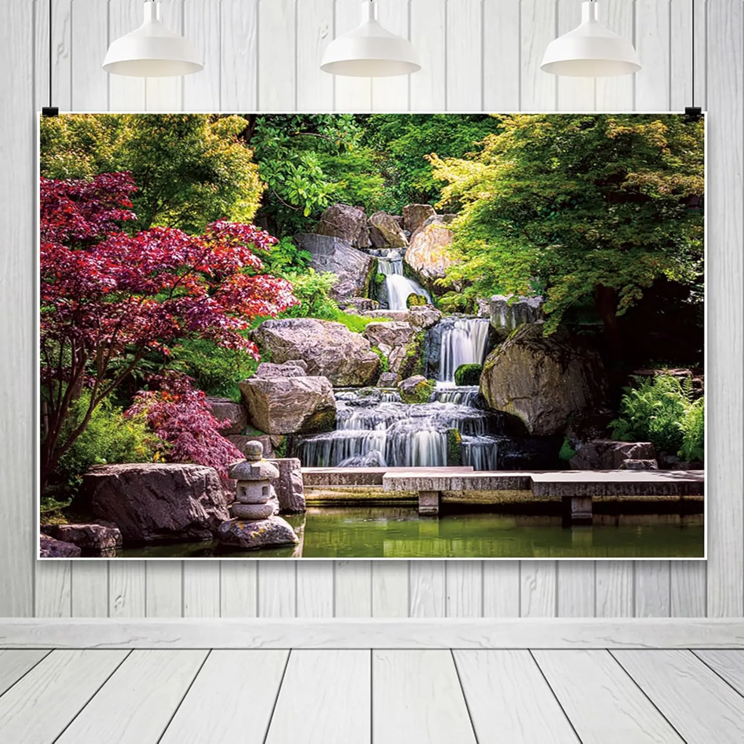 10x8ft Japan Kyoto Cascade Waterfall Backdrop Red Map Leaf Photography Background Summer Green Garden Serene Zen Lake Pond Stone Lantern Scenery Visitors Portrait Photo Studio Booth Props