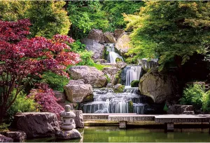 10x8ft Japan Kyoto Cascade Waterfall Backdrop Red Map Leaf Photography Background Summer Green Garden Serene Zen Lake Pond Stone Lantern Scenery Visitors Portrait Photo Studio Booth Props