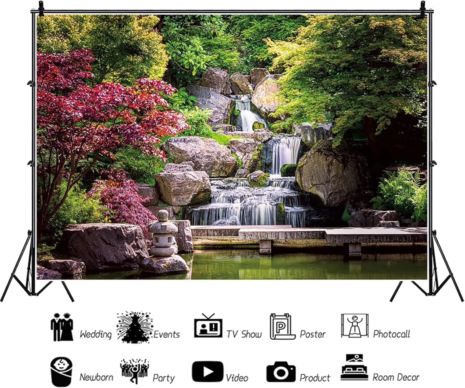 10x8ft Japan Kyoto Cascade Waterfall Backdrop Red Map Leaf Photography Background Summer Green Garden Serene Zen Lake Pond Stone Lantern Scenery Visitors Portrait Photo Studio Booth Props