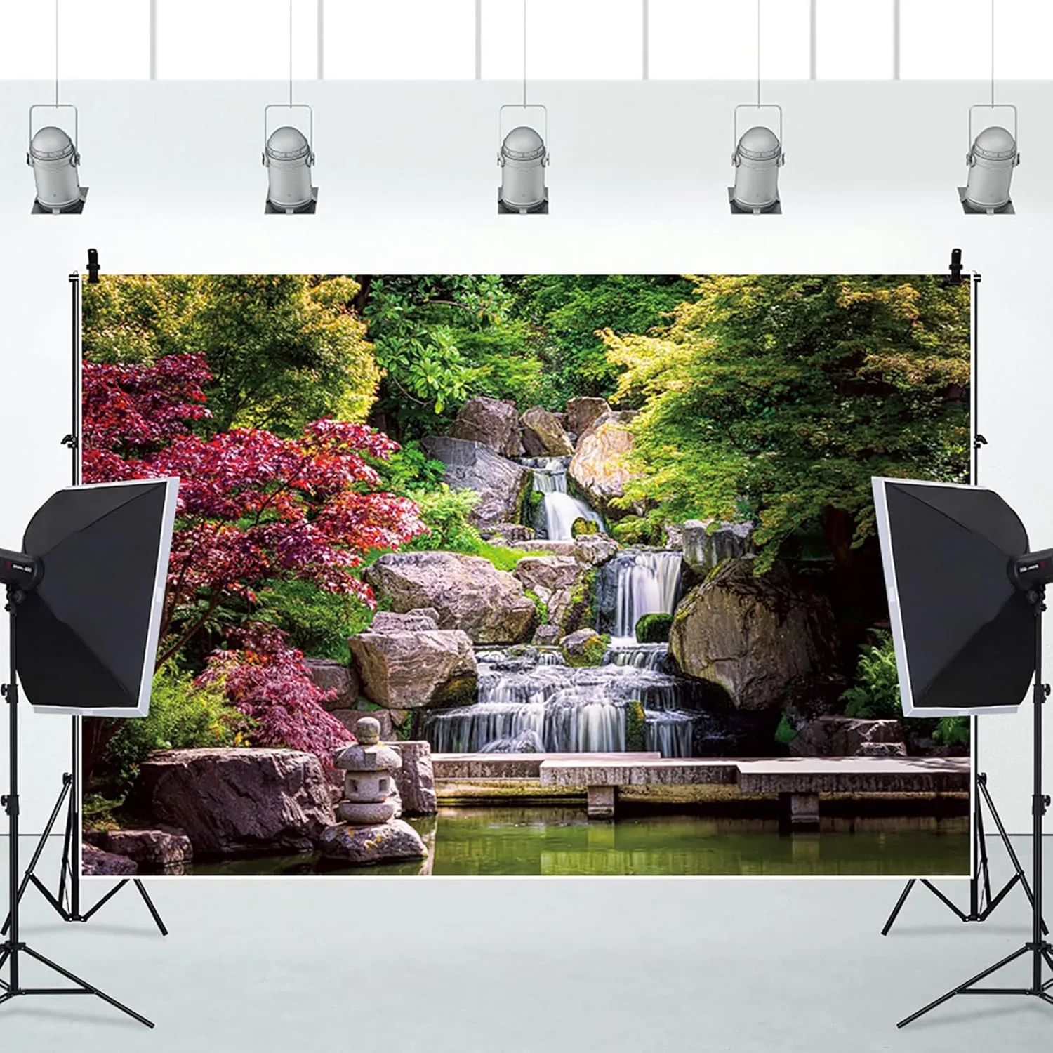 10x8ft Japan Kyoto Cascade Waterfall Backdrop Red Map Leaf Photography Background Summer Green Garden Serene Zen Lake Pond Stone Lantern Scenery Visitors Portrait Photo Studio Booth Props