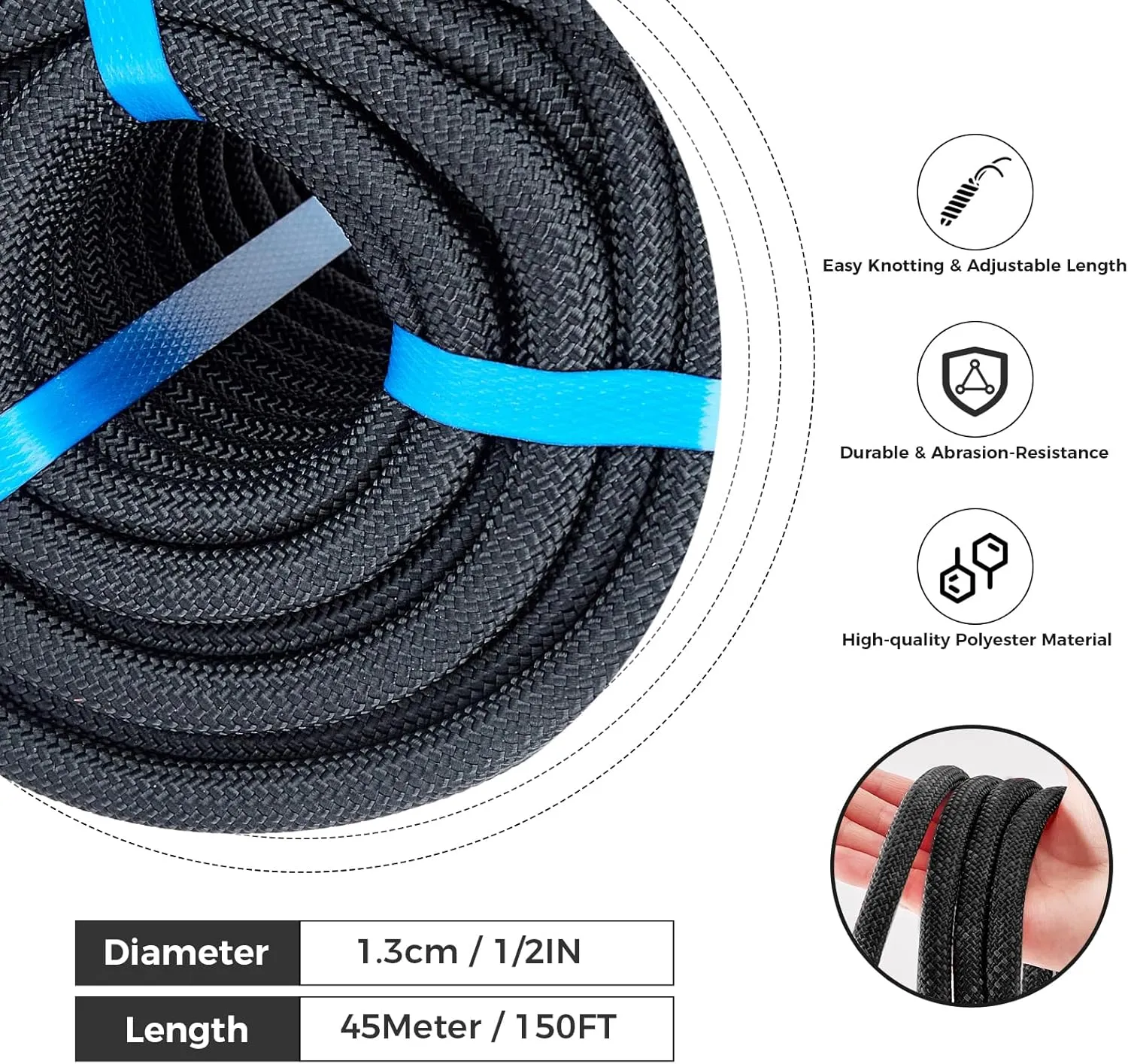 1/2 Inch 150ft Double Braided Polyester Arborist Rope, Heavy Duty Nylon Rope for Anchor, Tree Work, Cargo, Pulling, Sailing(Black)