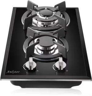 12 Inch Gas Cooktop, 2 Burner Built-in Stovetop Tempered Glass LPG/NG Convertible Dual Fuel Sealed Hob - Black