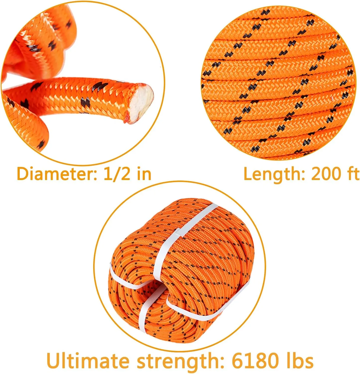 1/2 Inch Polyester Arborist Rope Double Braid Nylon Pulling Ropes Orange 200 Feet