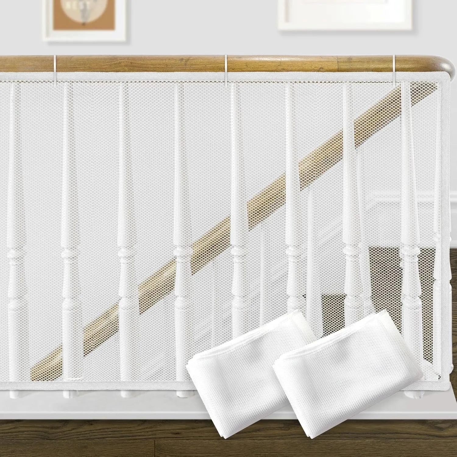 13ft Indoor Outdoor Baby Safety Stair Railing Net Baby Proofing Stair Balcony Banister Rail Guard Child Safety Stair Protection Safe Rail, White(6.5ft x 2Pack)