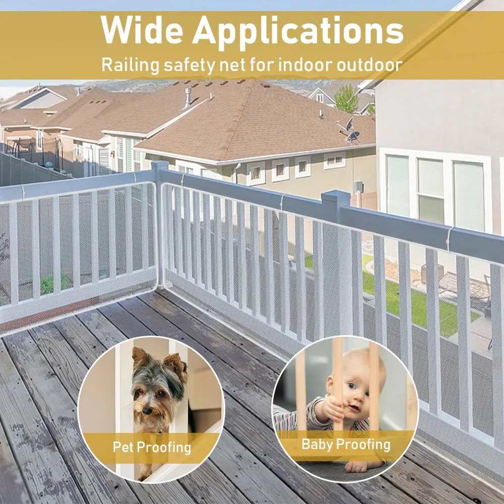 13ft Indoor Outdoor Baby Safety Stair Railing Net Baby Proofing Stair Balcony Banister Rail Guard Child Safety Stair Protection Safe Rail, White(6.5ft x 2Pack)