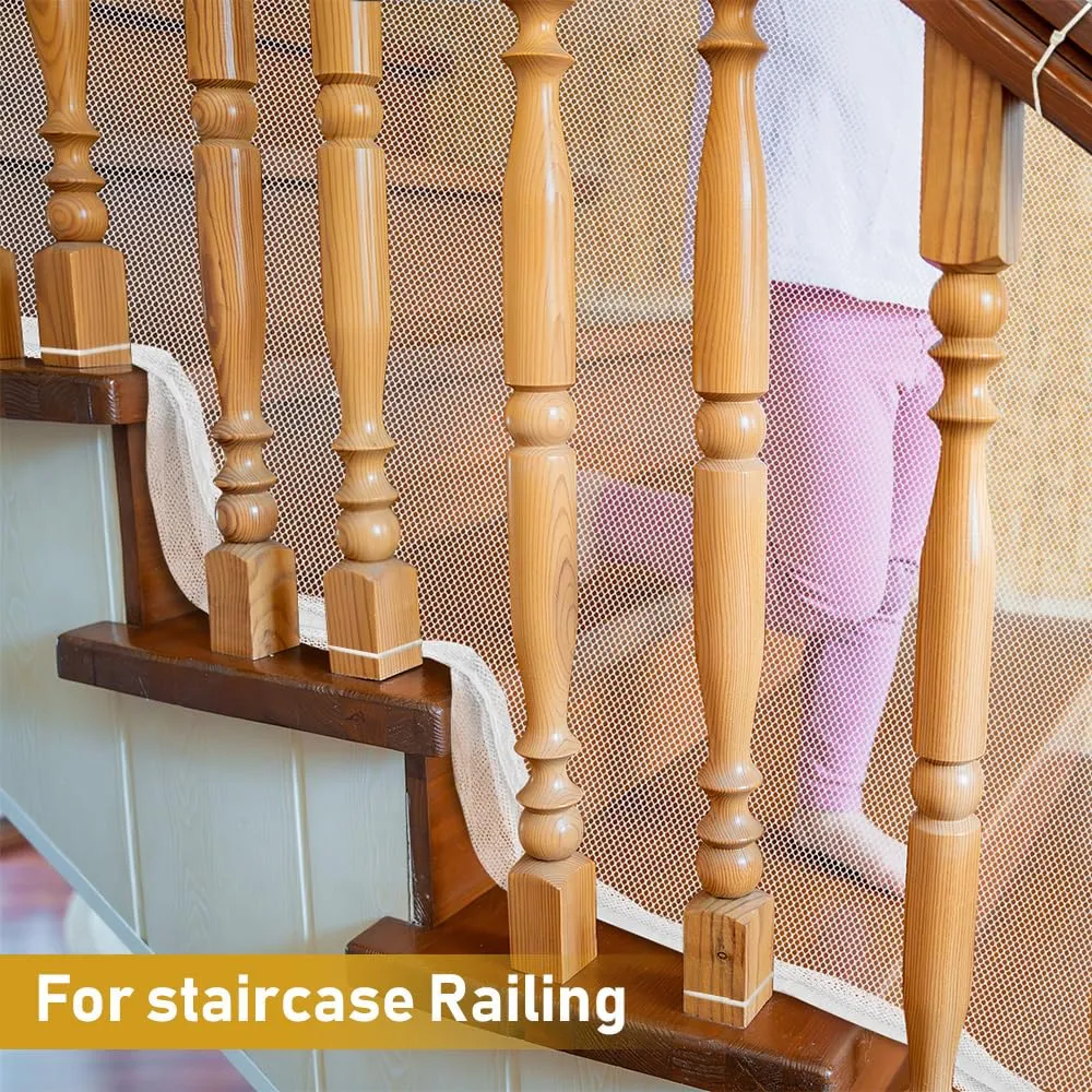 13ft Indoor Outdoor Baby Safety Stair Railing Net Baby Proofing Stair Balcony Banister Rail Guard Child Safety Stair Protection Safe Rail, White(6.5ft x 2Pack)