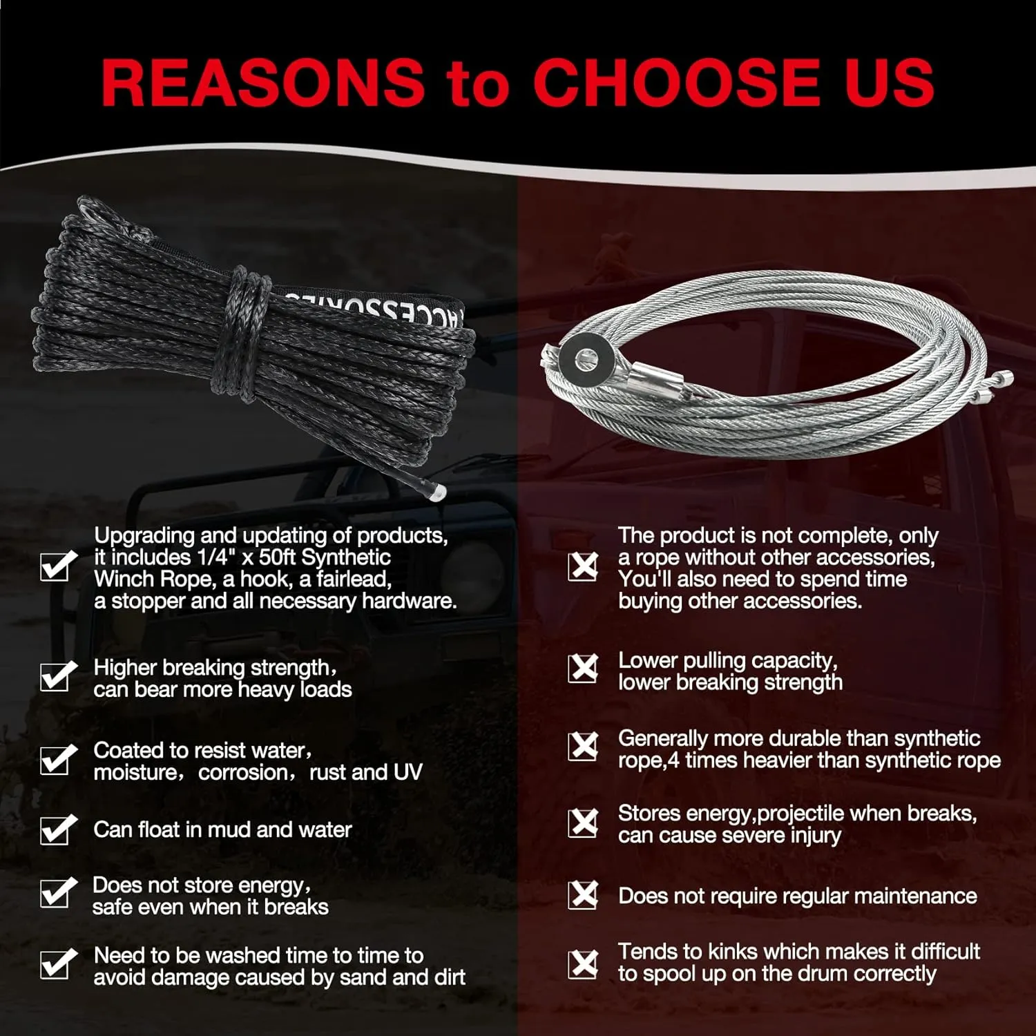 1/4'' Synthetic Winch Rope 50 Ft Black Heavy Duty 10,000LBs ATV Line with Steel Hook Rubber Stopper Protecting Sleeve/Sheath and Thimble Universal Fit for SUV Vehicle Rope-Fairlead
