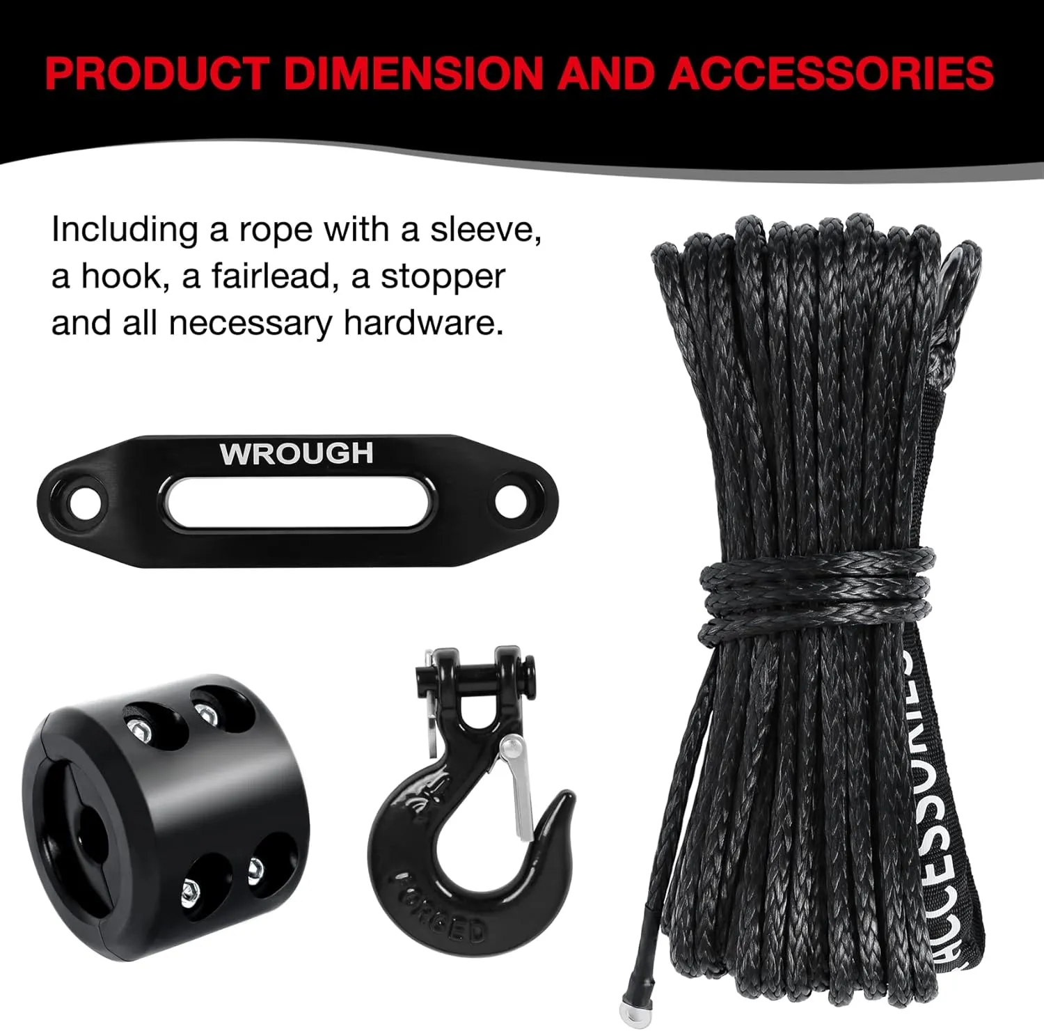 1/4'' Synthetic Winch Rope 50 Ft Black Heavy Duty 10,000LBs ATV Line with Steel Hook Rubber Stopper Protecting Sleeve/Sheath and Thimble Universal Fit for SUV Vehicle Rope-Fairlead