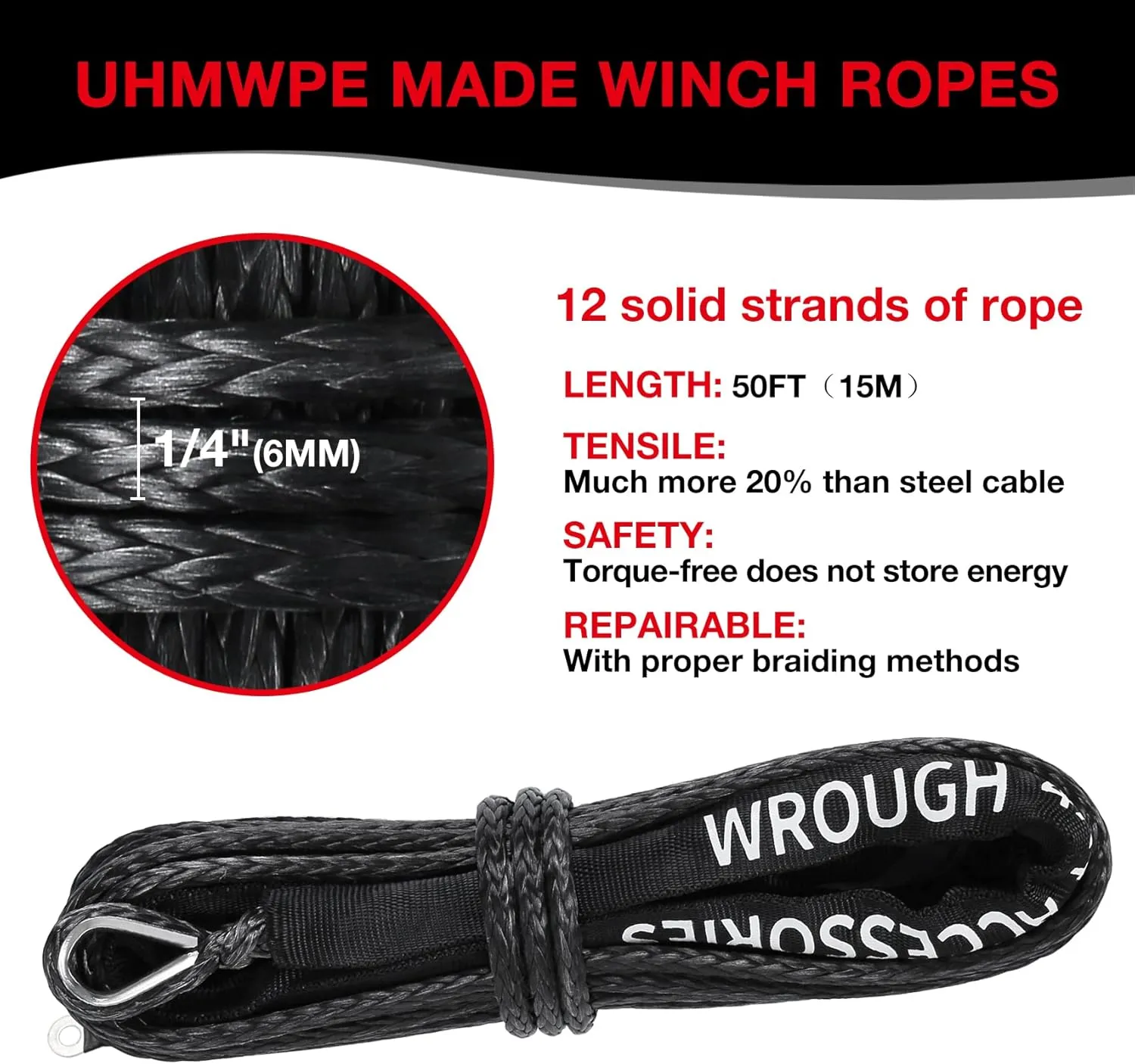 1/4'' Synthetic Winch Rope 50 Ft Black Heavy Duty 10,000LBs ATV Line with Steel Hook Rubber Stopper Protecting Sleeve/Sheath and Thimble Universal Fit for SUV Vehicle Rope-Fairlead