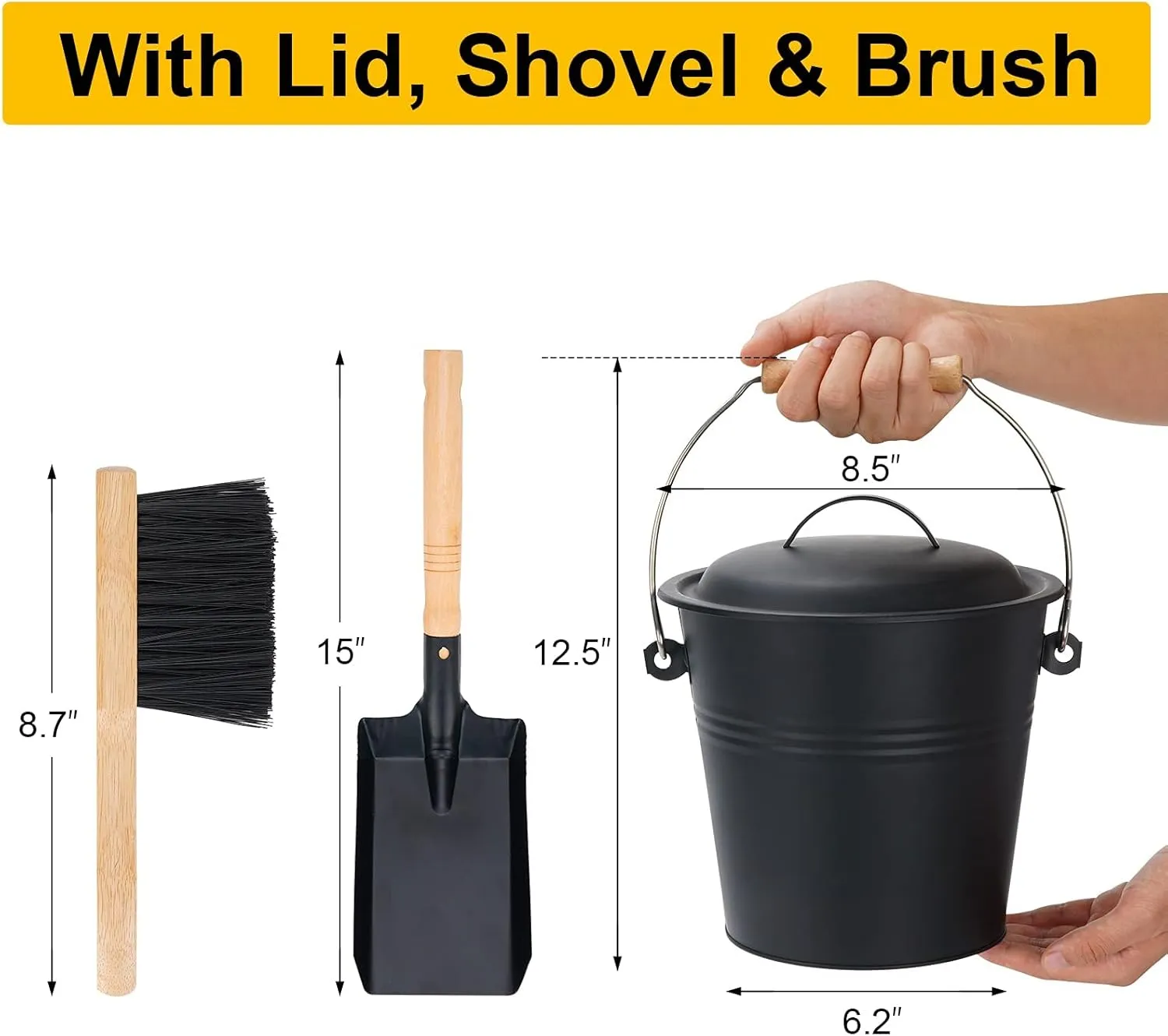 1.5-Gallon Metal Ash Bucket with Lid, Shovel, Broom - For Fireplaces, Wood Stoves