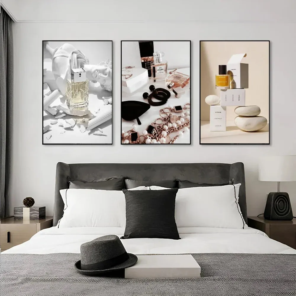1pc Minimalist Black And White Luxury Fashion Perfume Bottle Self-adhesive Art Poster Waterproof Paper Sticker Wall Decor