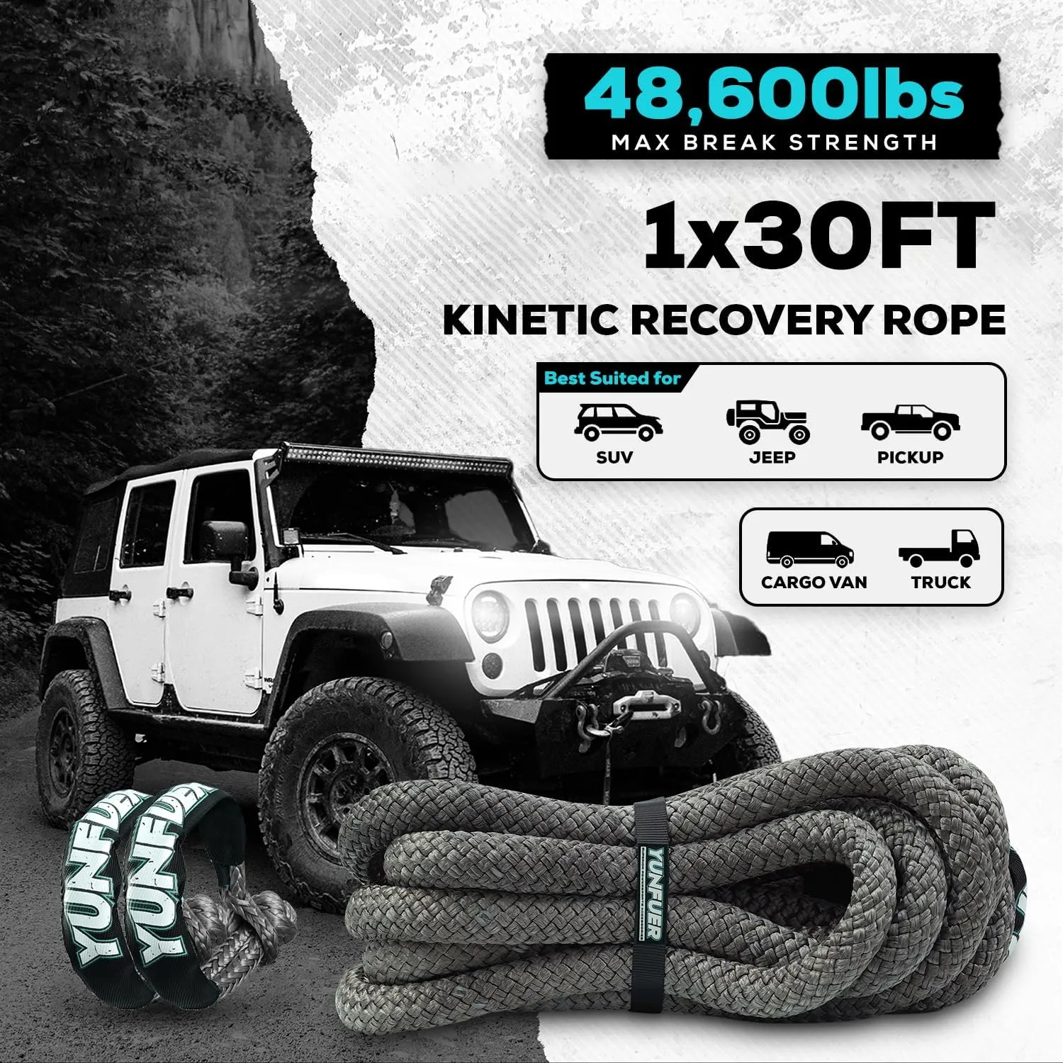 1" x 30ft Kinetic Recovery Tow Rope 48600LBS with 2 Soft Shackles Off Road Recovery Kit Heavy Duty for Trucks, UTV, ATV, SUV (Gray)