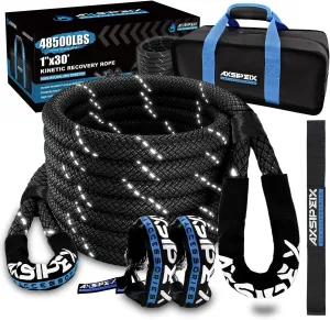 1"×30ft Kinetic Recovery Rope (48,500lbs) Heavy Duty Offroad Recovery Rope with 2 Soft Shackles 1/2" x 22" Offroad Recovery Kit for UTV, ATV, Truck, Car (Black)