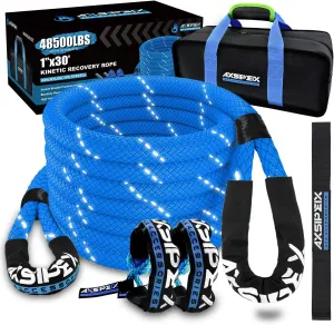 1"×30ft Kinetic Recovery Rope (48,500lbs) Heavy Duty Offroad Recovery Rope with 2 Soft Shackles 1/2" x 22" Offroad Recovery Kit for UTV, ATV, Truck, Car (Blue)