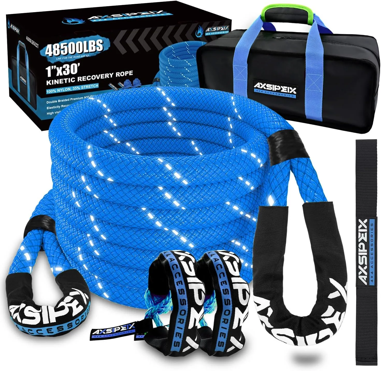 1"×30ft Kinetic Recovery Rope (48,500lbs) Heavy Duty Offroad Recovery Rope with 2 Soft Shackles 1/2" x 22" Offroad Recovery Kit for UTV, ATV, Truck, Car (Blue)