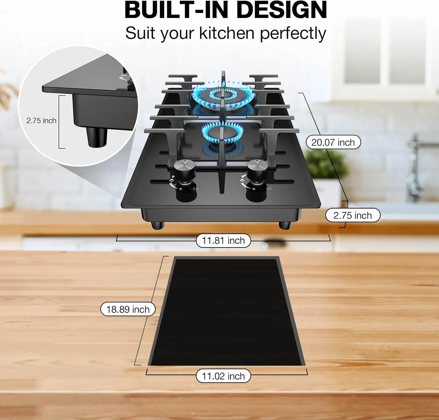 2 Burner Gas Stove Propane Cooktop, Tempered Glass Gas Cooktop 12 inch Stainless Steel Gas Burner with Thermocouple Protection, Lpg/Ng Dual Fuel Built-in Gas Stove Top for Apartments, Rvs