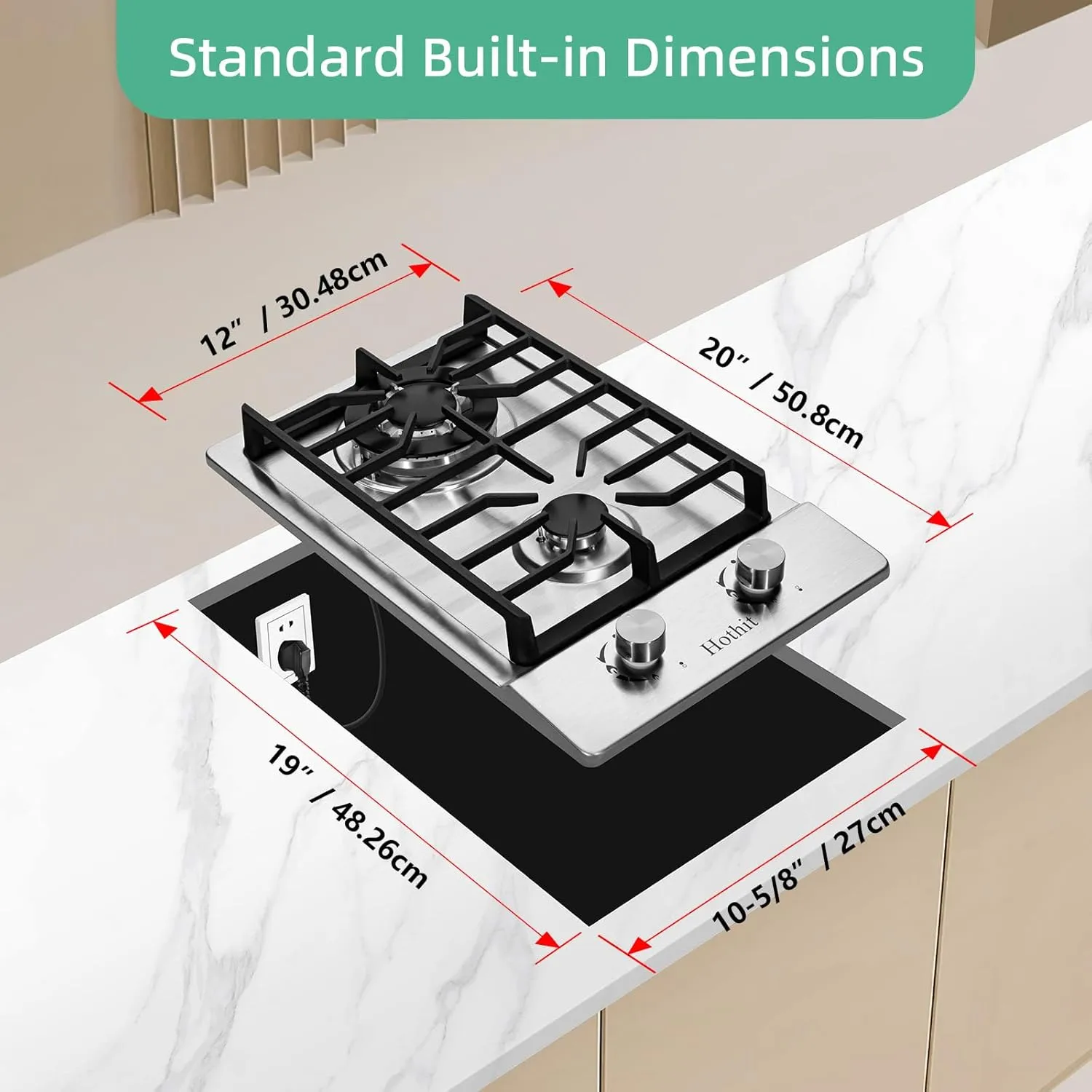 2 Burner Propane Gas Cooktop, 12" Inch LPG/NG Dual Fuel Built-in Gas Stove Top With Thermocouple, Stainless Steel Electronic Ignition Gas Hob AHT12IN20S-SD