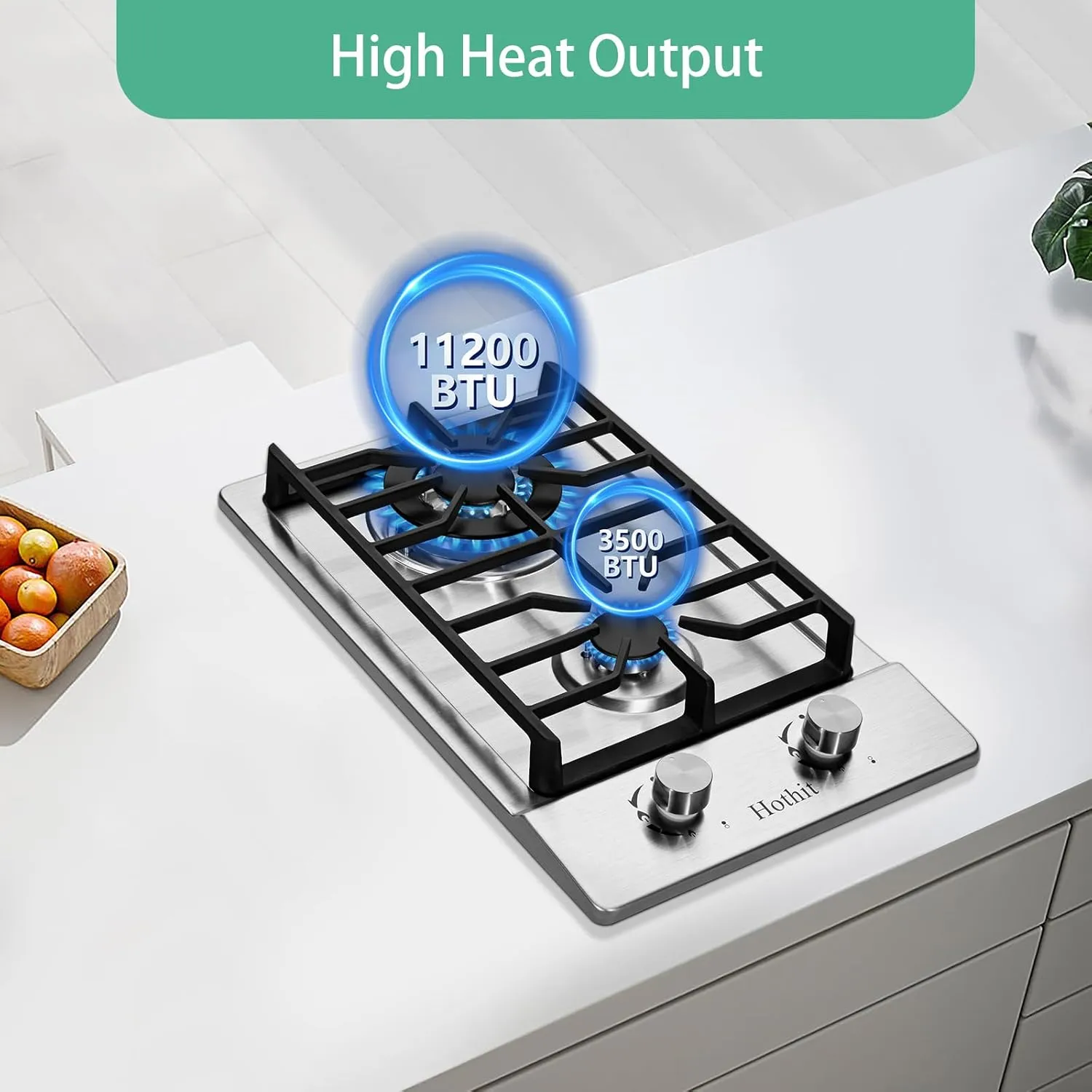 2 Burner Propane Gas Cooktop, 12" Inch LPG/NG Dual Fuel Built-in Gas Stove Top With Thermocouple, Stainless Steel Electronic Ignition Gas Hob AHT12IN20S-SD