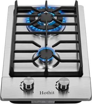 2 Burner Propane Gas Cooktop, 12" Inch LPG/NG Dual Fuel Built-in Gas Stove Top With Thermocouple, Stainless Steel Electronic Ignition Gas Hob AHT12IN20S-SD