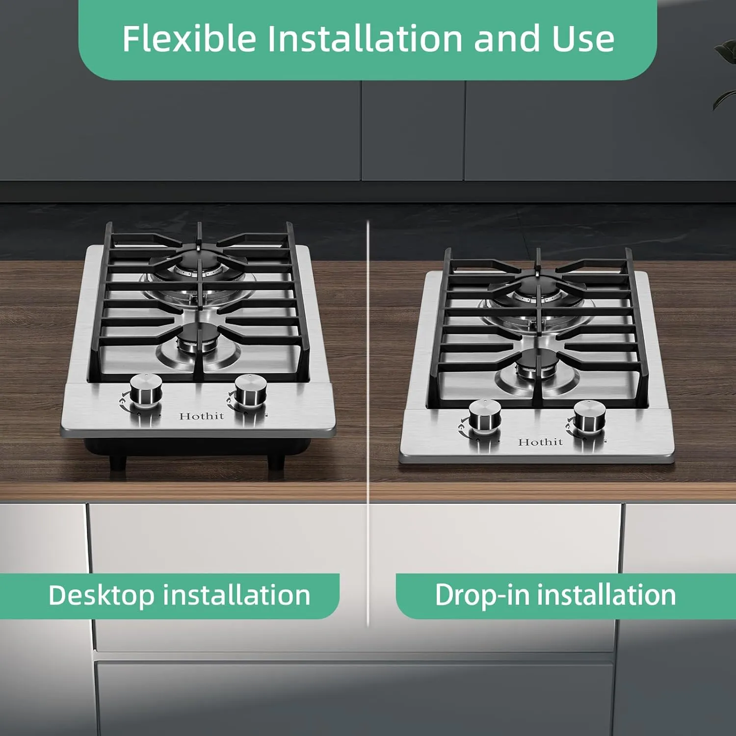 2 Burner Propane Gas Cooktop, 12" Inch LPG/NG Dual Fuel Built-in Gas Stove Top With Thermocouple, Stainless Steel Electronic Ignition Gas Hob AHT12IN20S-SD