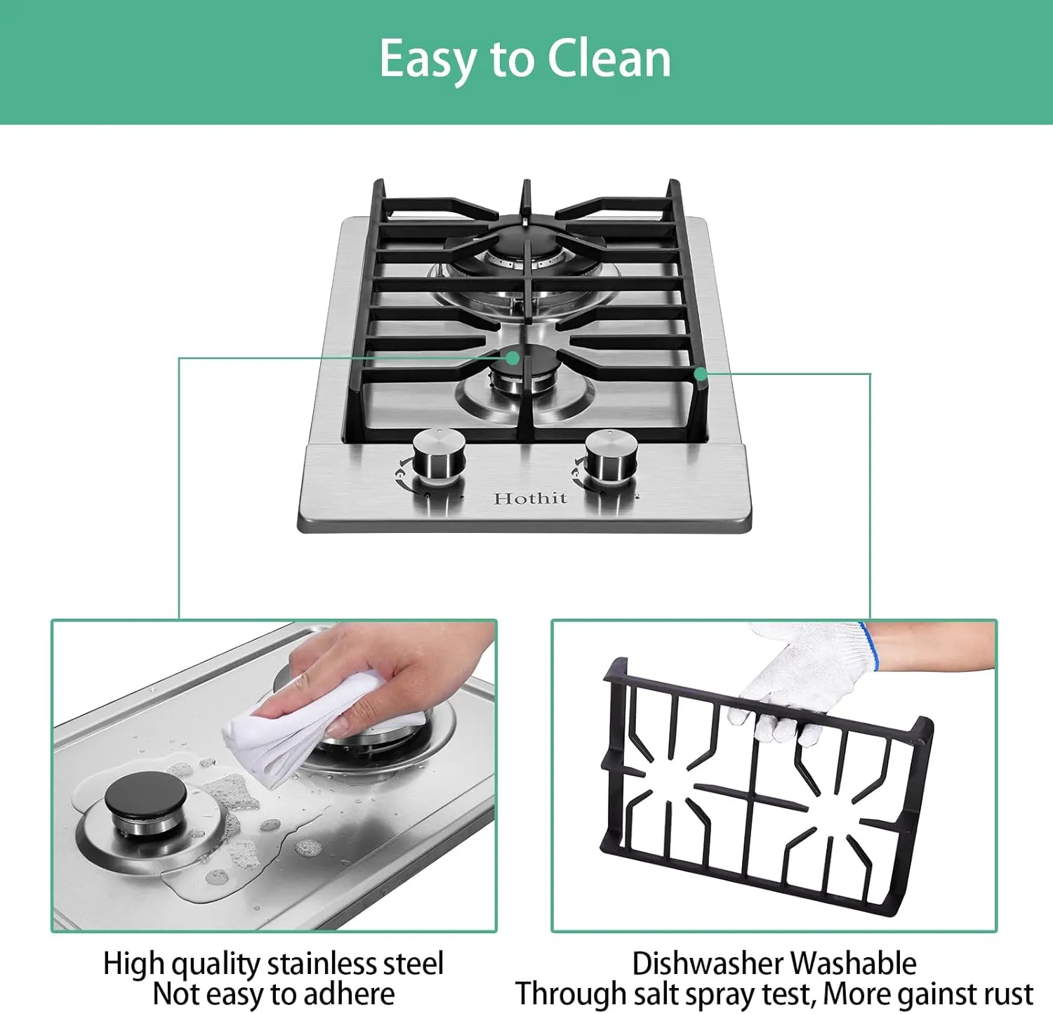 2 Burner Propane Gas Cooktop, 12" Inch LPG/NG Dual Fuel Built-in Gas Stove Top With Thermocouple, Stainless Steel Electronic Ignition Gas Hob AHT12IN20S-SD