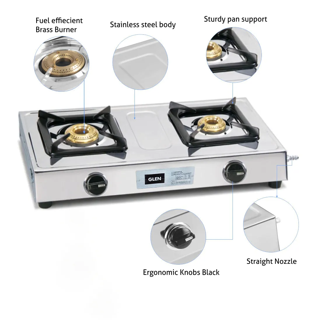 2 Burner Stainless Steel PNG Gas Stove with Brass Burner (1020 SS BB PN)