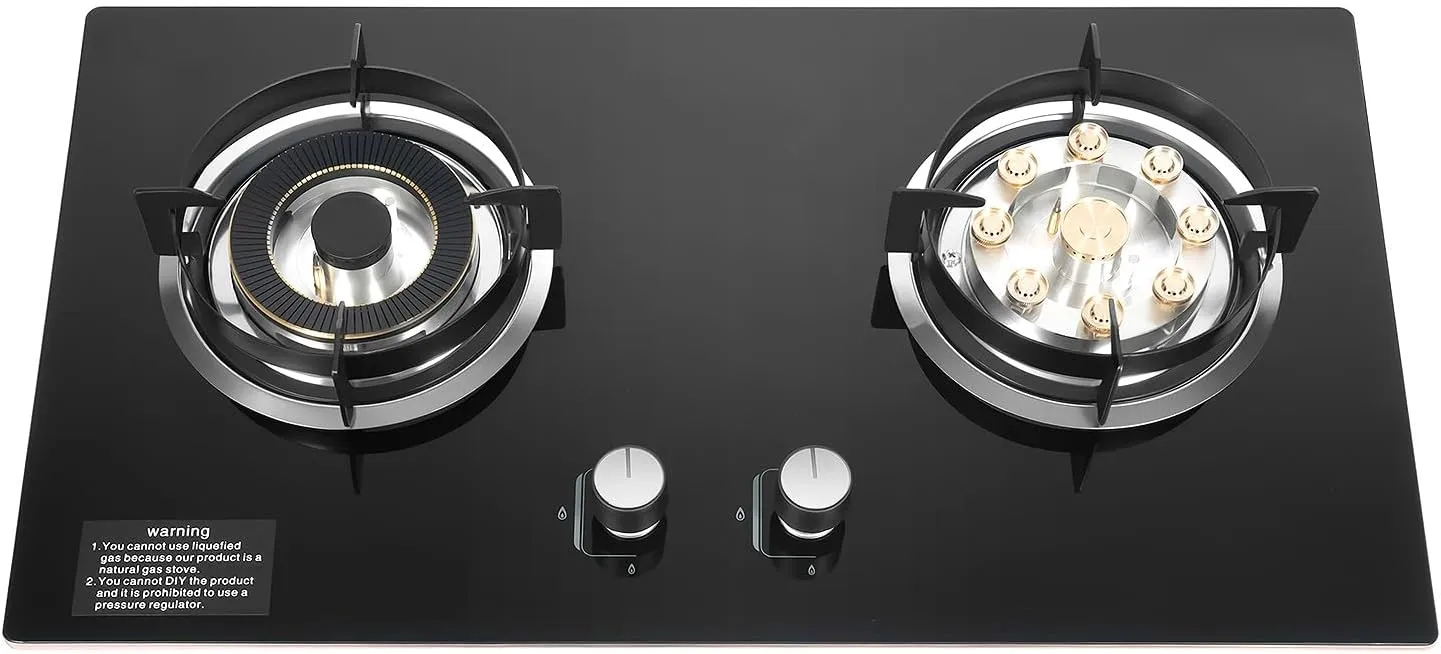 2 Burners Natural Gas Cooktop, Kitchen Stove Top LPG/NG Dual Fuel Stove Top, Built-in Energy Conservation Gas Hob Stove w/Anti-Tempering Protection for Apartment RV, Thermal Efficiency Up to 63%