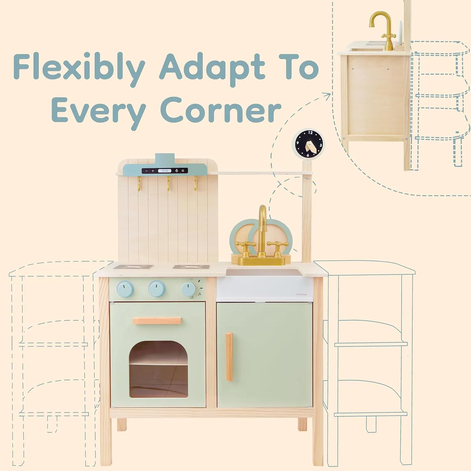 2-in-1 Wooden Play Kitchen with Storage Rack, Kids Pretend Cooking Set w/Sink, Stove, Microwave & 8 Accessories, Montessori Toddler Kitchen Toy Gift for Boys & Girls Age 3  (Blue)