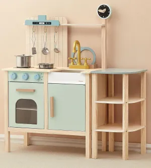2-in-1 Wooden Play Kitchen with Storage Rack, Kids Pretend Cooking Set w/Sink, Stove, Microwave & 8 Accessories, Montessori Toddler Kitchen Toy Gift for Boys & Girls Age 3  (Blue)