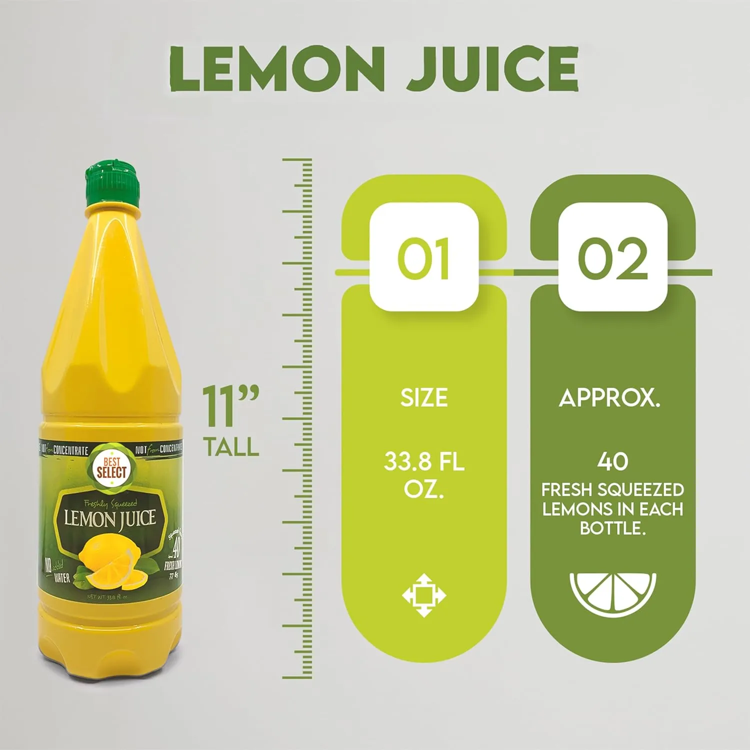 2 Pack 100% Lemon Juice 33.8 Oz - No Added Water - Fresh Squeezed Lemon Juice Not From Concentrate - Approximately 40 Lemons Fresh in Each Bottle - Kosher - Healthy Drinks & Citrus Zest - Best Select