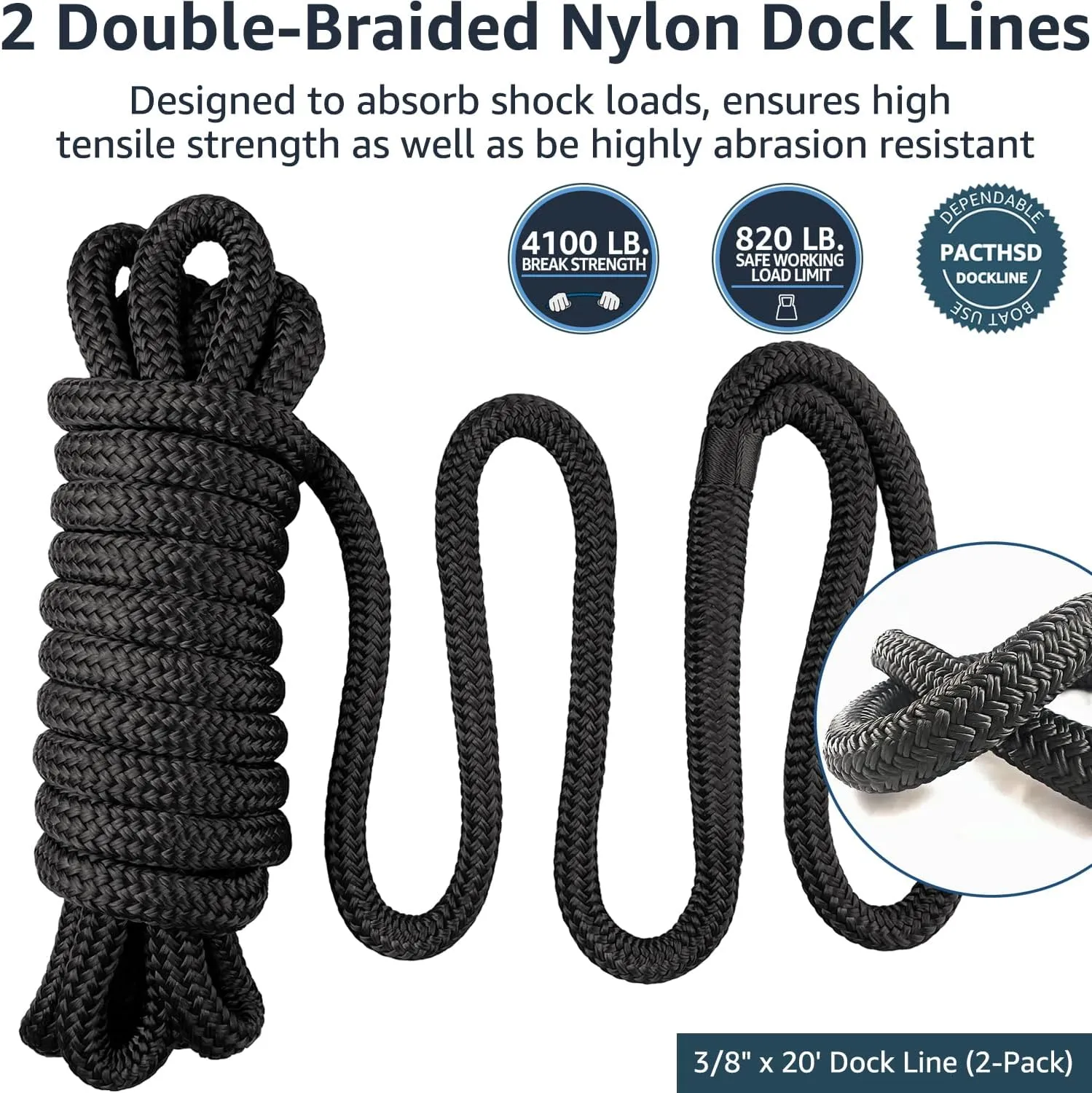 2 Pack 3/8" x 20' Dock Lines - Marine Grade Nylon Boat Rope with 12" Loop for Docking and Mooring - Double Braided Boat Lines, High Strength, Easy Handling, Fray Resistant - Black