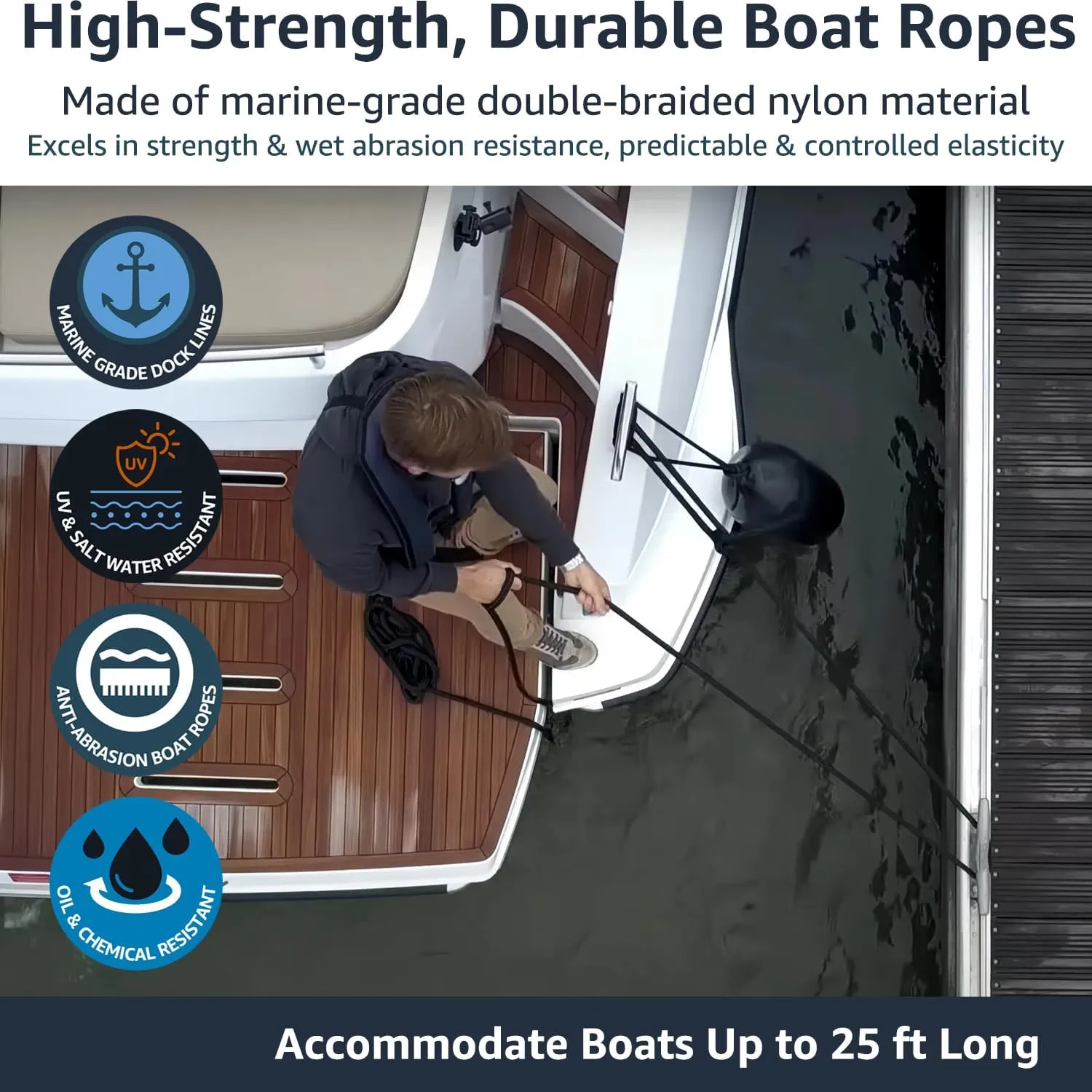 2 Pack 3/8" x 20' Dock Lines - Marine Grade Nylon Boat Rope with 12" Loop for Docking and Mooring - Double Braided Boat Lines, High Strength, Easy Handling, Fray Resistant - Black