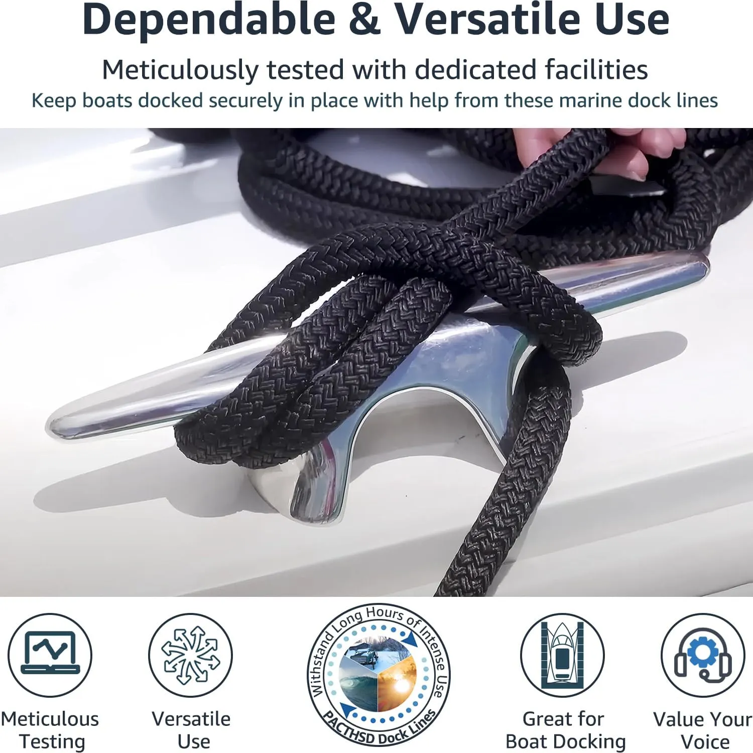 2 Pack 3/8" x 20' Dock Lines - Marine Grade Nylon Boat Rope with 12" Loop for Docking and Mooring - Double Braided Boat Lines, High Strength, Easy Handling, Fray Resistant - Black