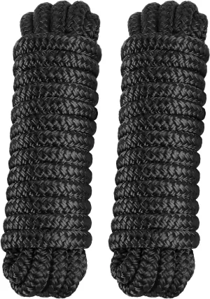 2 Pack 3/8" x 20' Dock Lines - Marine Grade Nylon Boat Rope with 12" Loop for Docking and Mooring - Double Braided Boat Lines, High Strength, Easy Handling, Fray Resistant - Black