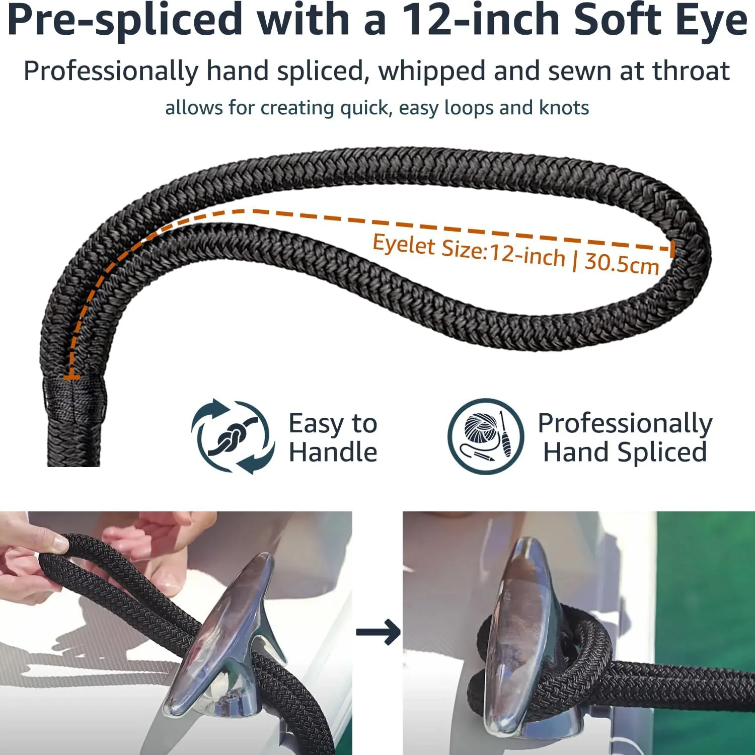 2 Pack 3/8" x 20' Dock Lines - Marine Grade Nylon Boat Rope with 12" Loop for Docking and Mooring - Double Braided Boat Lines, High Strength, Easy Handling, Fray Resistant - Black