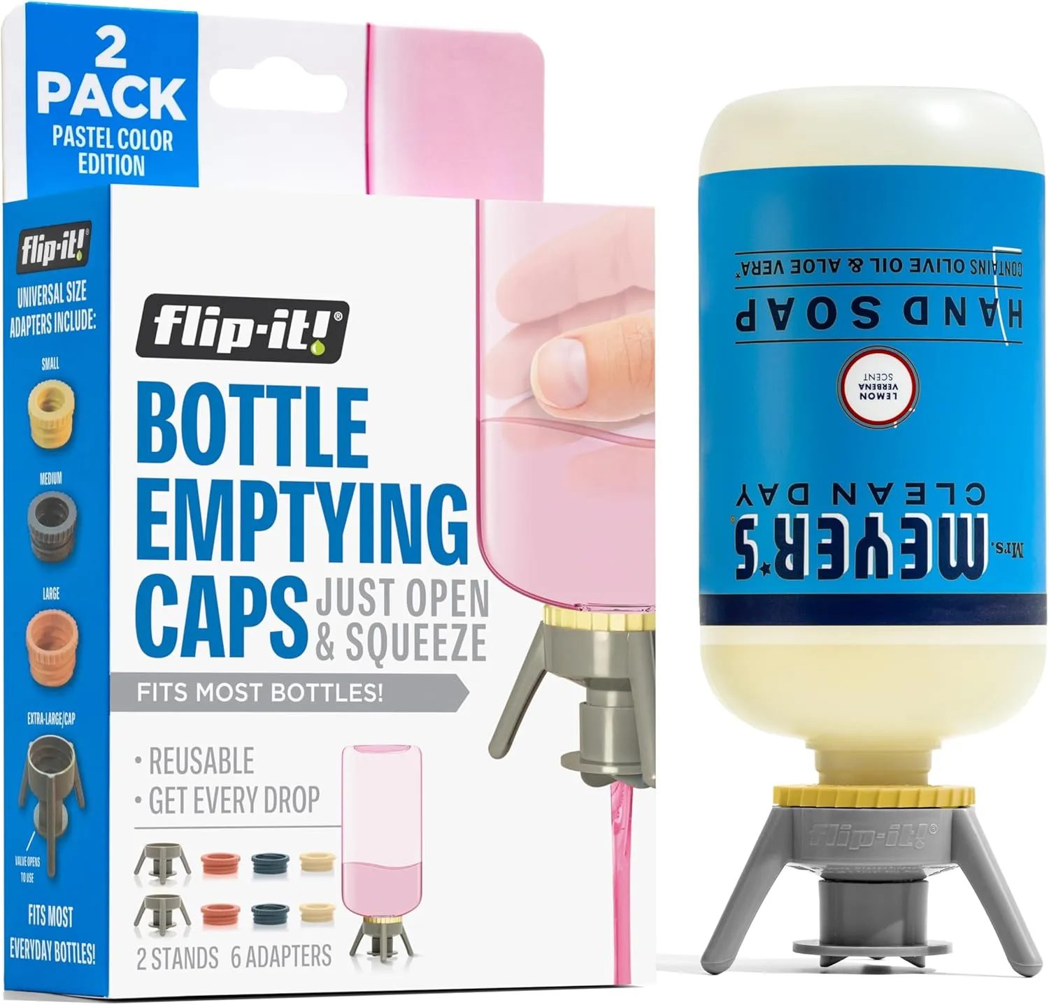 2-Pack Premium Bottle Emptying Kit – No more wasted product - Fits most plastic bottles – Get out every drop of Shampoos, Lotions, & More – 2 Base Caps, 6 Adapters – Pastel Color Edition