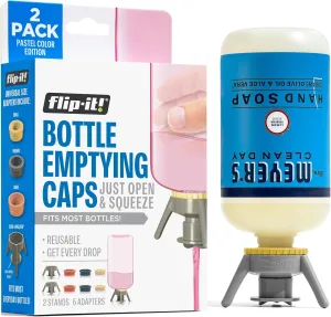 2-Pack Premium Bottle Emptying Kit – No more wasted product - Fits most plastic bottles – Get out every drop of Shampoos, Lotions, & More – 2 Base Caps, 6 Adapters – Pastel Color Edition