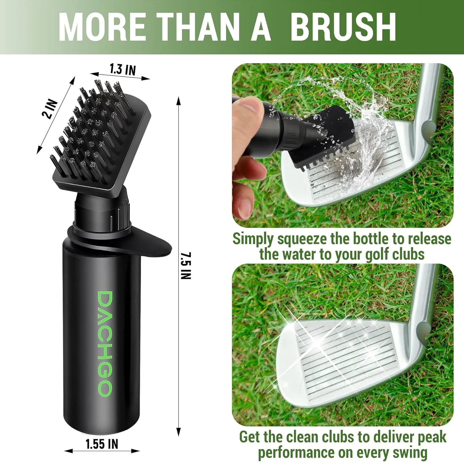 2 Pack Pro Golf Club Cleaner Brush, Water Brush with Lockable Retractor Clip & Squeeze Bottle for Easy Cleaning, 7.5 Inches - Hold 4 oz of Water, Golf Essentials Accessories for Men & Women