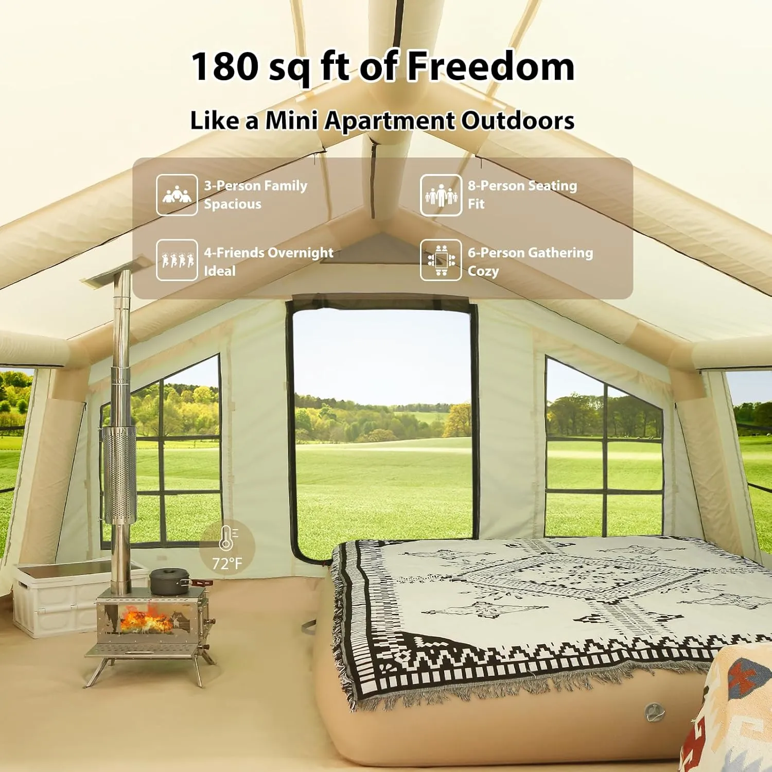 2025 Upgraded 100% Waterproof Inflatable Camping Tent, Large Blow-Up Air Tent, No Assembly Needed Luxury Glamping House, Oxford Fabric