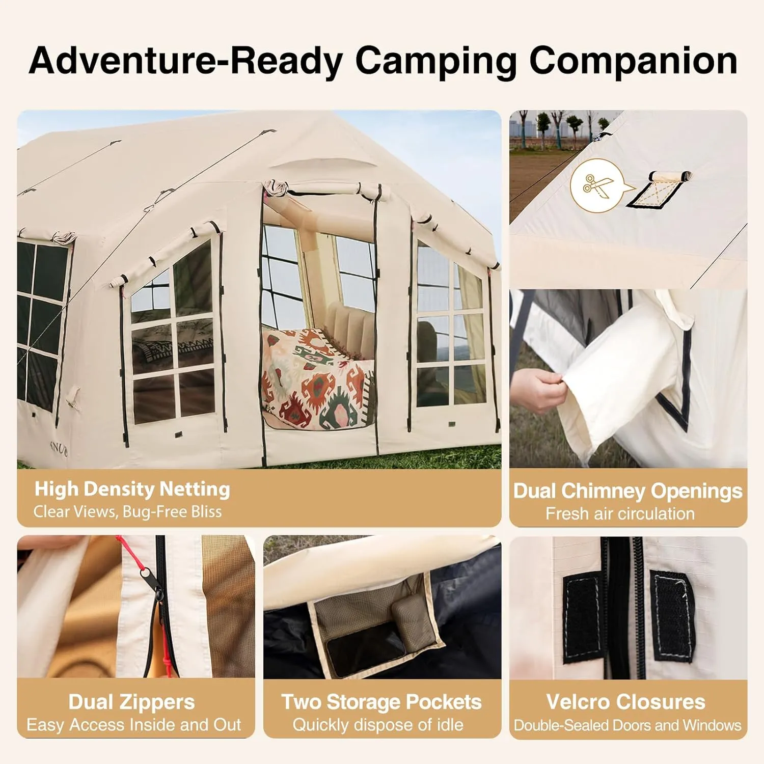 2025 Upgraded 100% Waterproof Inflatable Camping Tent, Large Blow-Up Air Tent, No Assembly Needed Luxury Glamping House, Oxford Fabric