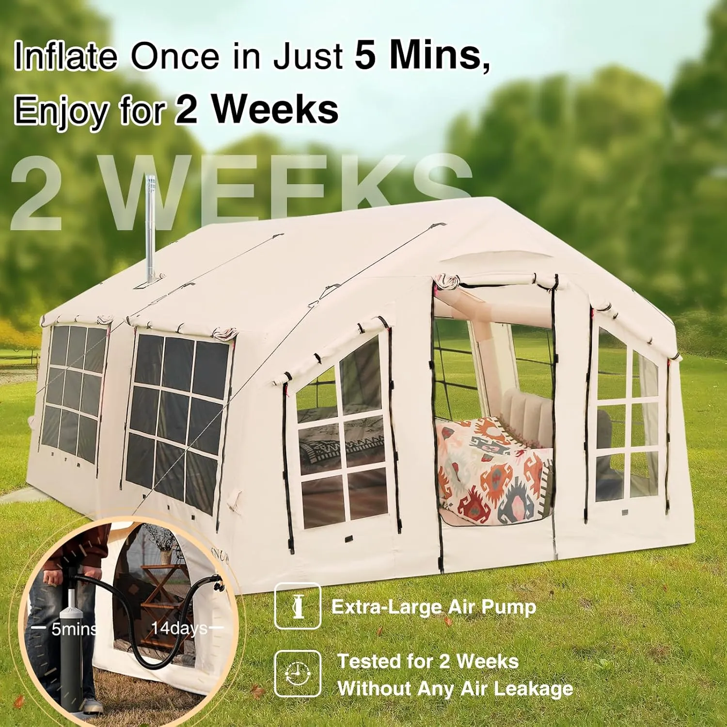 2025 Upgraded 100% Waterproof Inflatable Camping Tent, Large Blow-Up Air Tent, No Assembly Needed Luxury Glamping House, Oxford Fabric