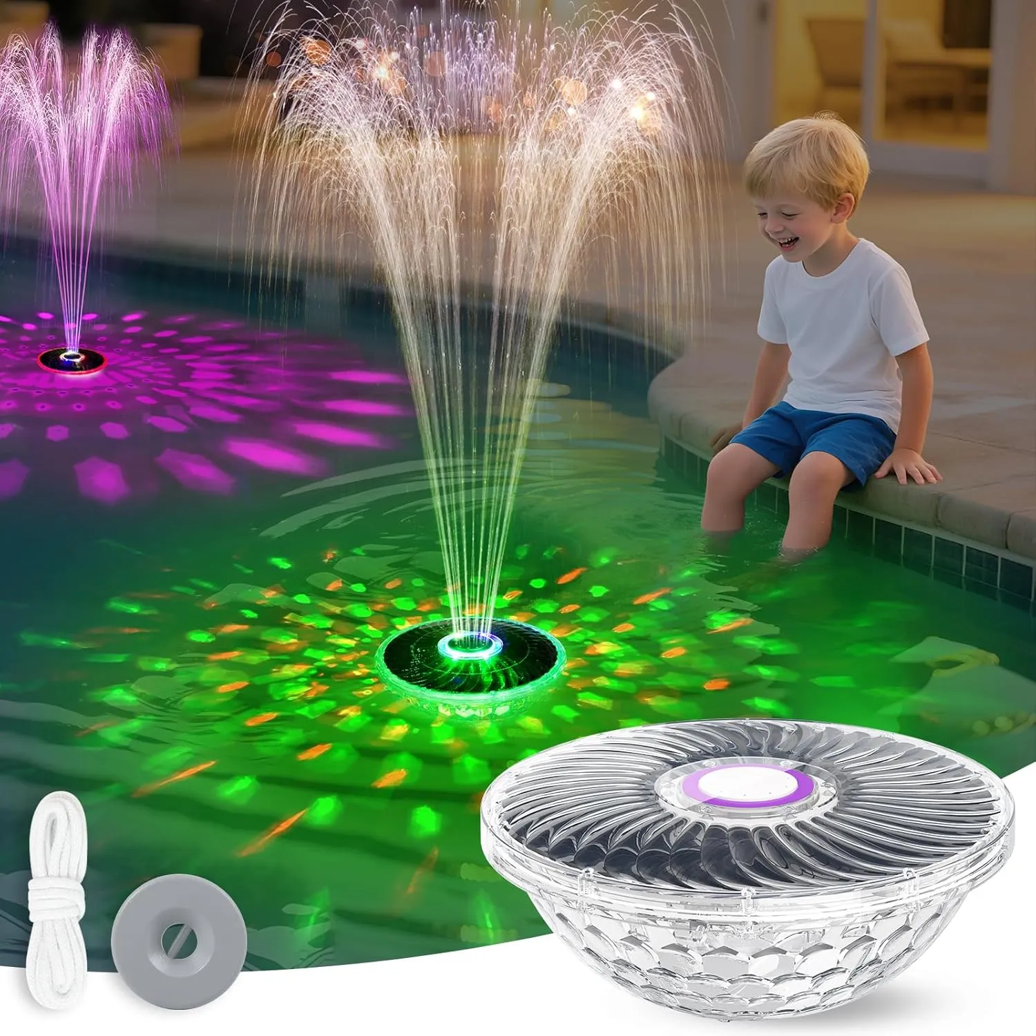2025 Upgraded Solar Powered Floating Pool Fountain with LED Light Show, Solar Water Fountain Pump for Above Ground Pools, Ponds & Outdoor Use, with Anchor & Rope, Purple 1PC