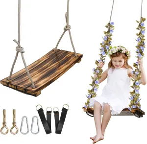 2025 Upgraded Wooden Swing Seat, 18"x 8", Hanging Tree Swing for Adults & Kids, 440lbs Load, Adjustable Nylon Rope & Tree Straps, Indoor/Outdoor Swings with Purple Floral Garland
