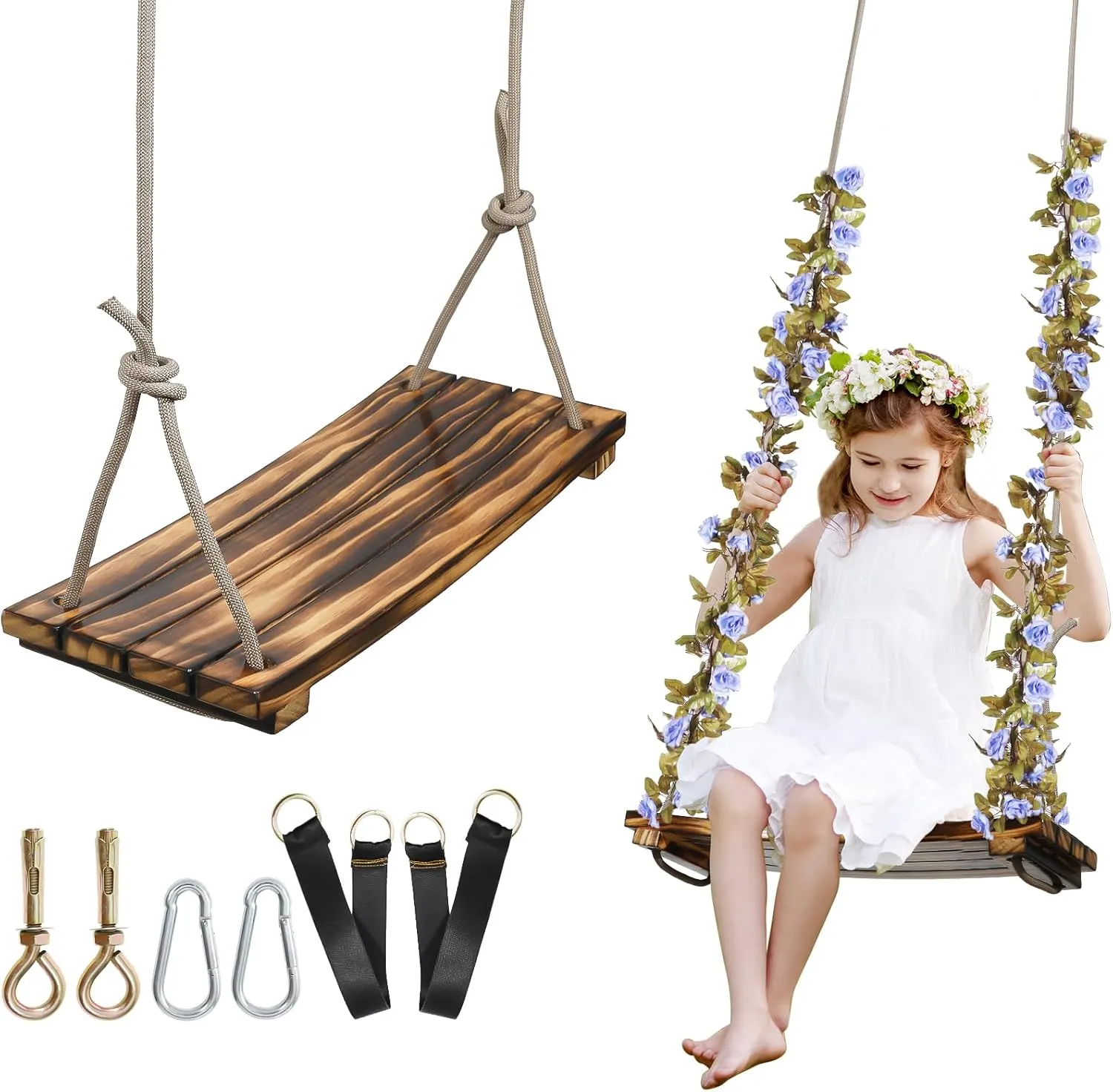 2025 Upgraded Wooden Swing Seat, 18"x 8", Hanging Tree Swing for Adults & Kids, 440lbs Load, Adjustable Nylon Rope & Tree Straps, Indoor/Outdoor Swings with Purple Floral Garland